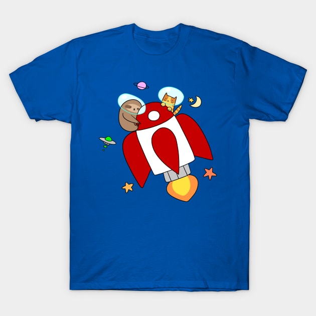 Rocket Ship Sloth and Tabby Cat T-Shirt by saradaboru